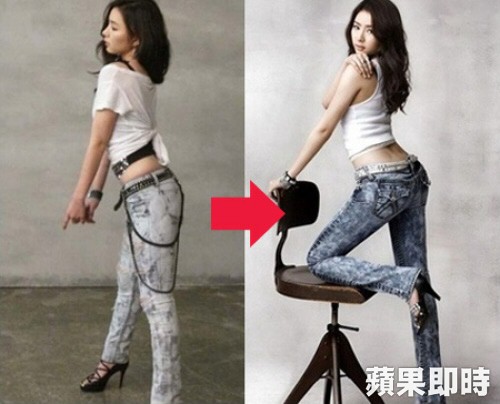 申世京拍攝牛仔褲廣告靠電腦修圖呈現好身材，廣告中腰部纖細無肥肉(右)，實際上(左)完.jpg
